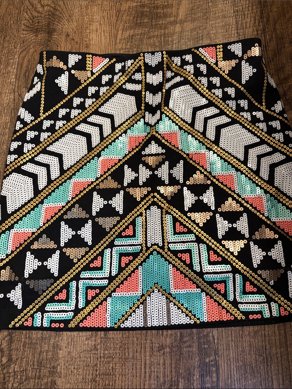 Express Black Mini Skirt with Multicolor Aztec Tribal Sequin Pattern